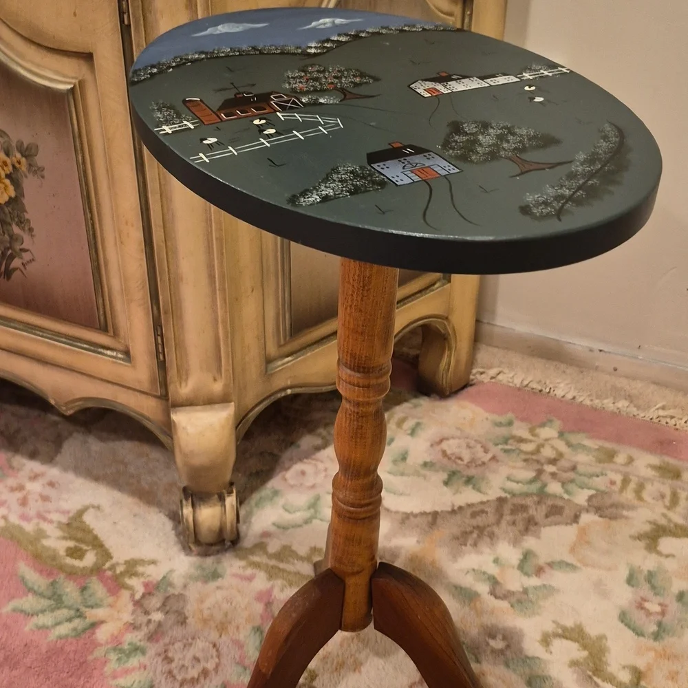 Vintage Wooden Hand-Painted  Oval Cottage Country Scene Tilt Tea Table